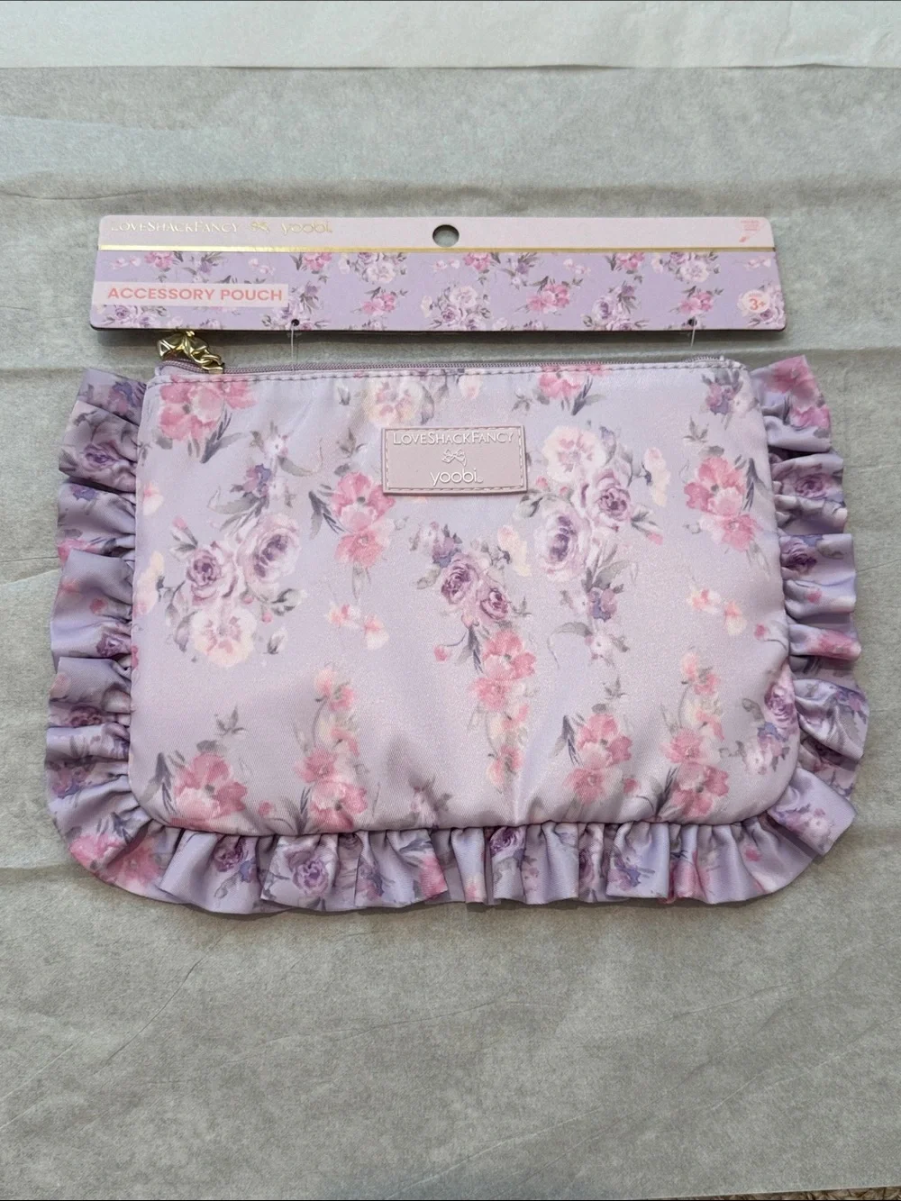 Love Shack Fancy Yoobi Lavender Floral Ruffle Accessory Pouch